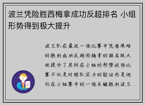 波兰凭险胜西梅拿成功反超排名 小组形势得到极大提升