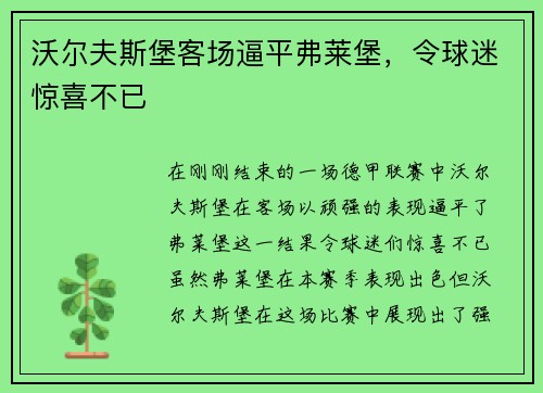 沃尔夫斯堡客场逼平弗莱堡，令球迷惊喜不已