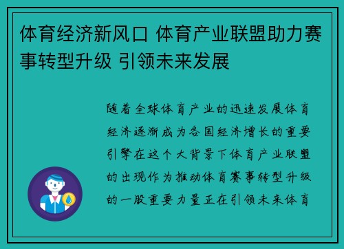 体育经济新风口 体育产业联盟助力赛事转型升级 引领未来发展